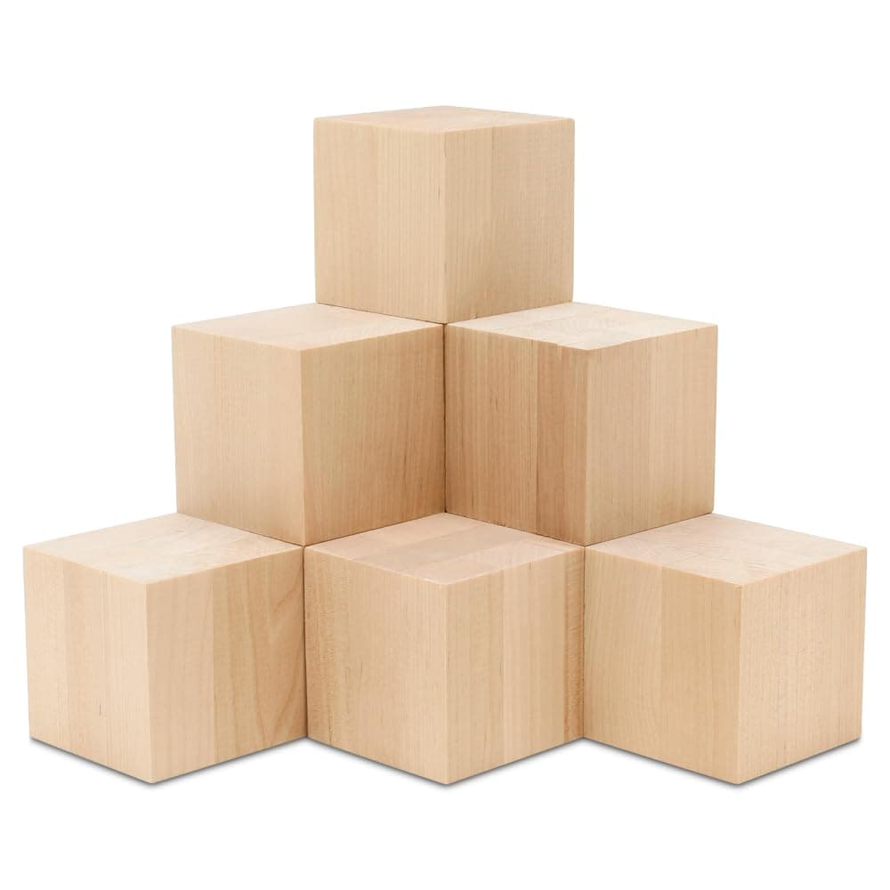 DIY Wood Cubes 2-inch, Pack of 6 Small, Wooden Blocks for Crafts, STEM, Building, and Blank Wooden Dice, by Woodpeckers