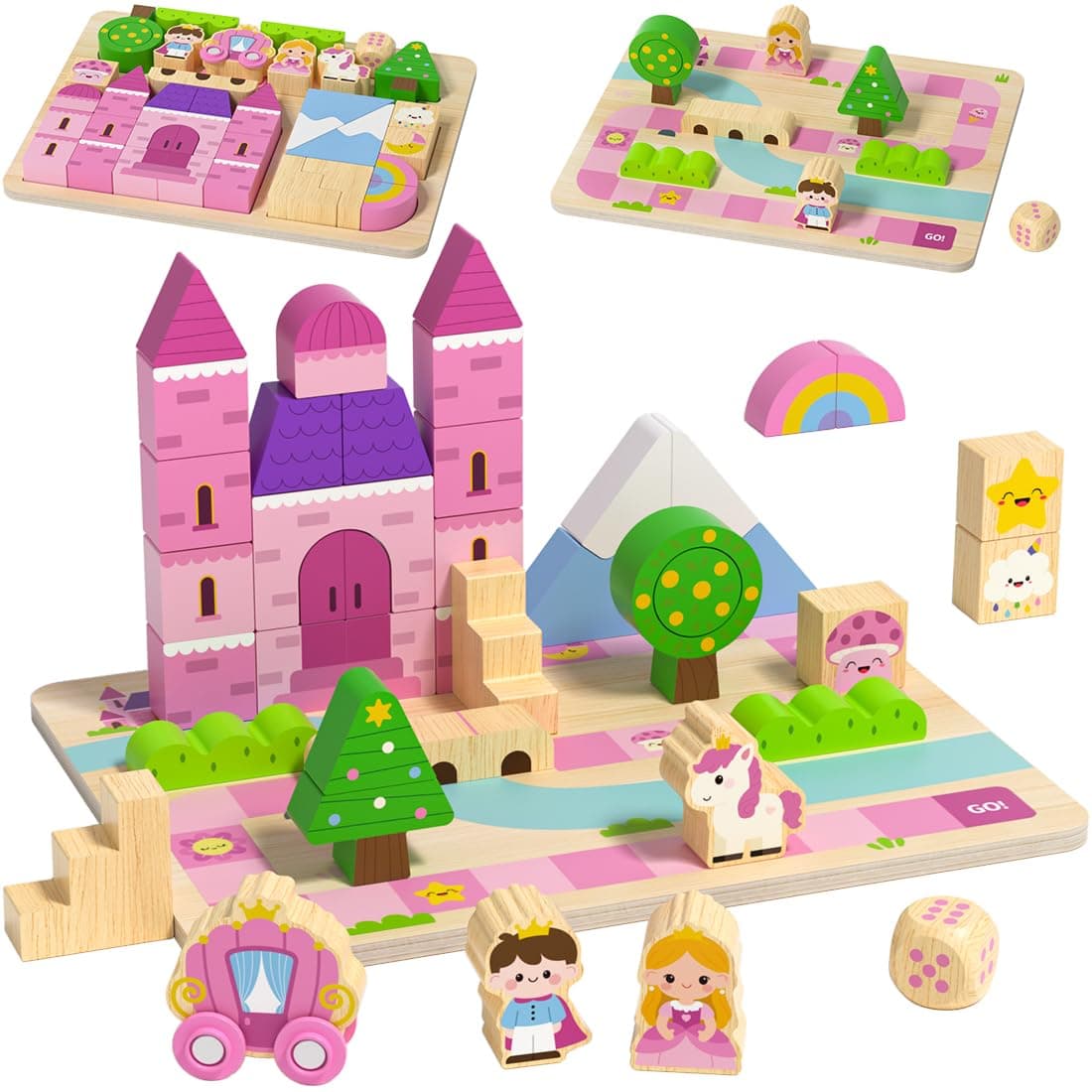 Montessori Princess Castle Puzzle for Toddlers 1-3, Double-Sided Wooden Building Blocks with Chessboard, Fine Motor Skills Educational Sensory Toy for 1 2 3 Year Old Girls Boys, Birthday Gift