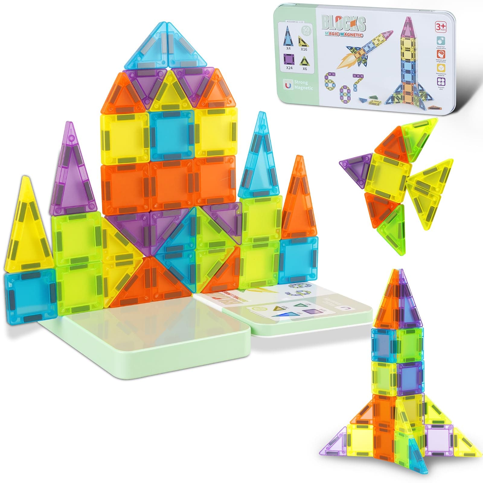 Vrythn Mini Magnetic Tiles Travel Set- 50PCS Travel Toys with Portable Iron Box, Rounded Edges, Colorful STEM Toys for Kids Ages 3+, Building-Creativity Gifts, for Home Airplane Car Trip