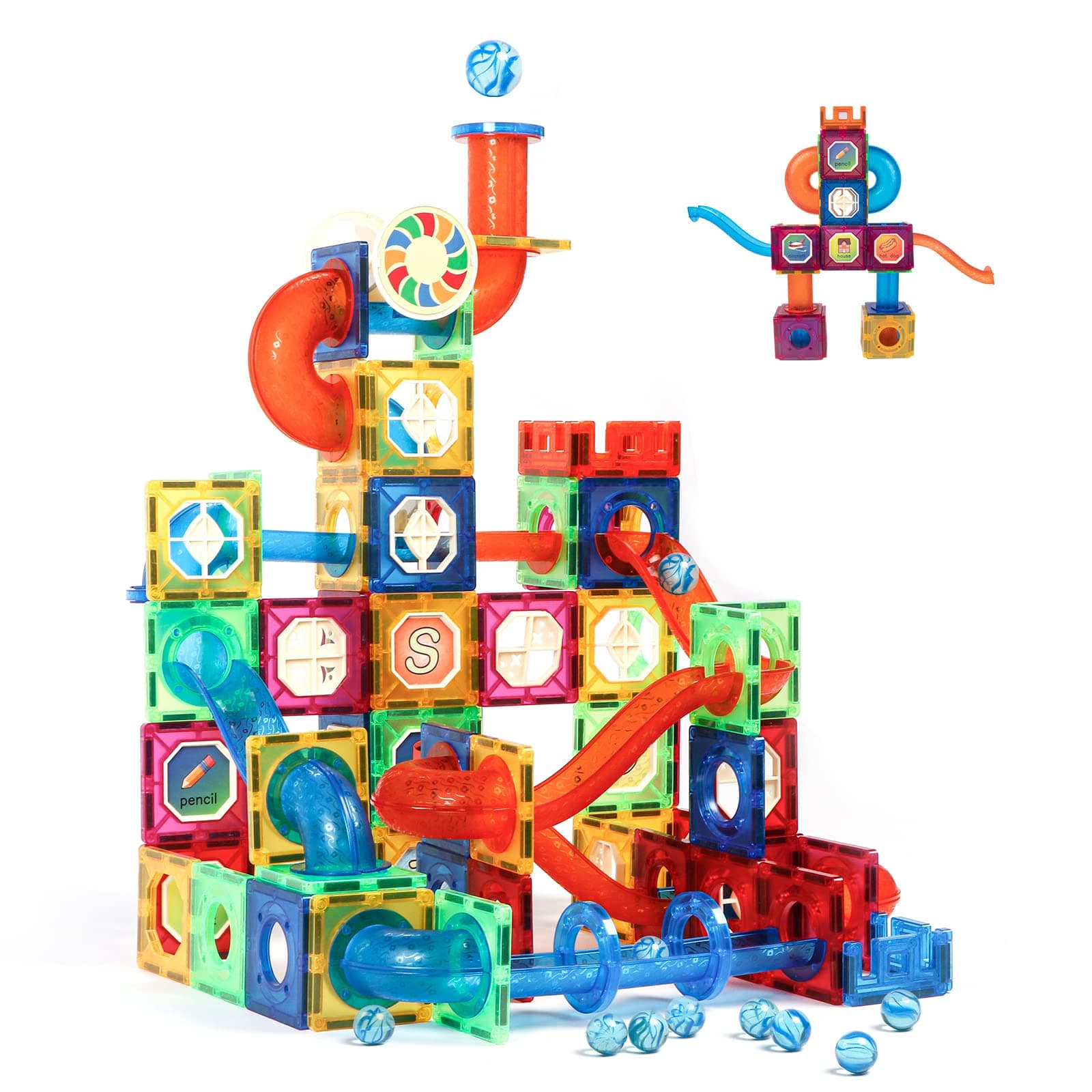 MAGBLOCK 176PCS Magnetic Tiles Marble Run Set Building Blocks for Ages 8+