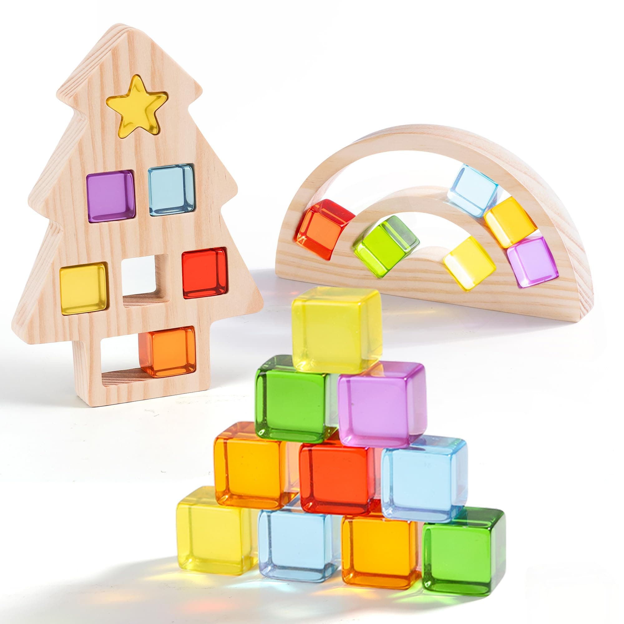Woodtoe Wooden Building Blocks Set for Kids, Rainbow & Tree Wood Frame - 24 PCS Acrylic Gem Cubes Stacking Blocks, Montessori Stacking Toys, Educational Birthday Toys Gift for Toddlers 3-6