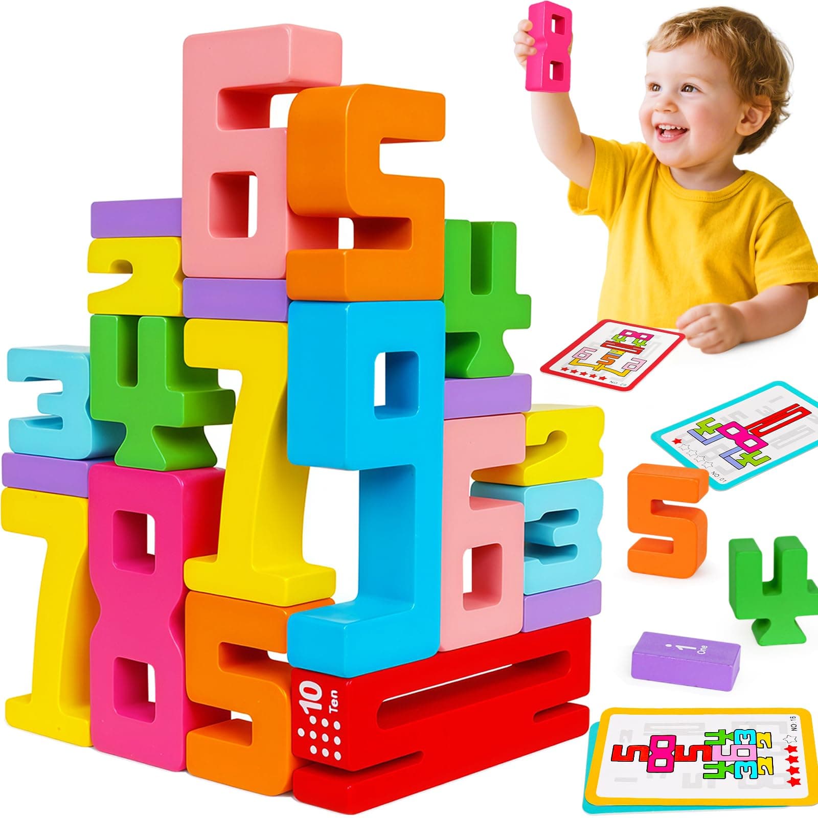 Montessori Wooden Number Building Blocks Toys for Toddlers Kids Stacking Number Blocks 1-10 Preschool Math Learning Educational Toys for 3 4 5 Year Old Boys Girls Gifts 3-5 Balance Competition Game