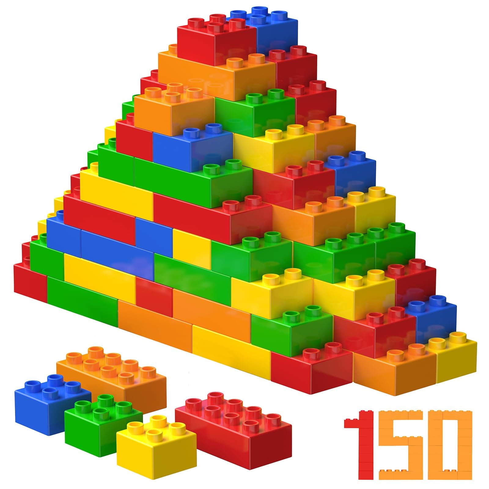 WYSWYG 150 Pcs Jumbo Building Blocks Set for Toddlers (100 Square & 50 Rectangle) | Compatible Big Construction Bricks in 5 Colors | Kids Ages 3+ STEM Toy
