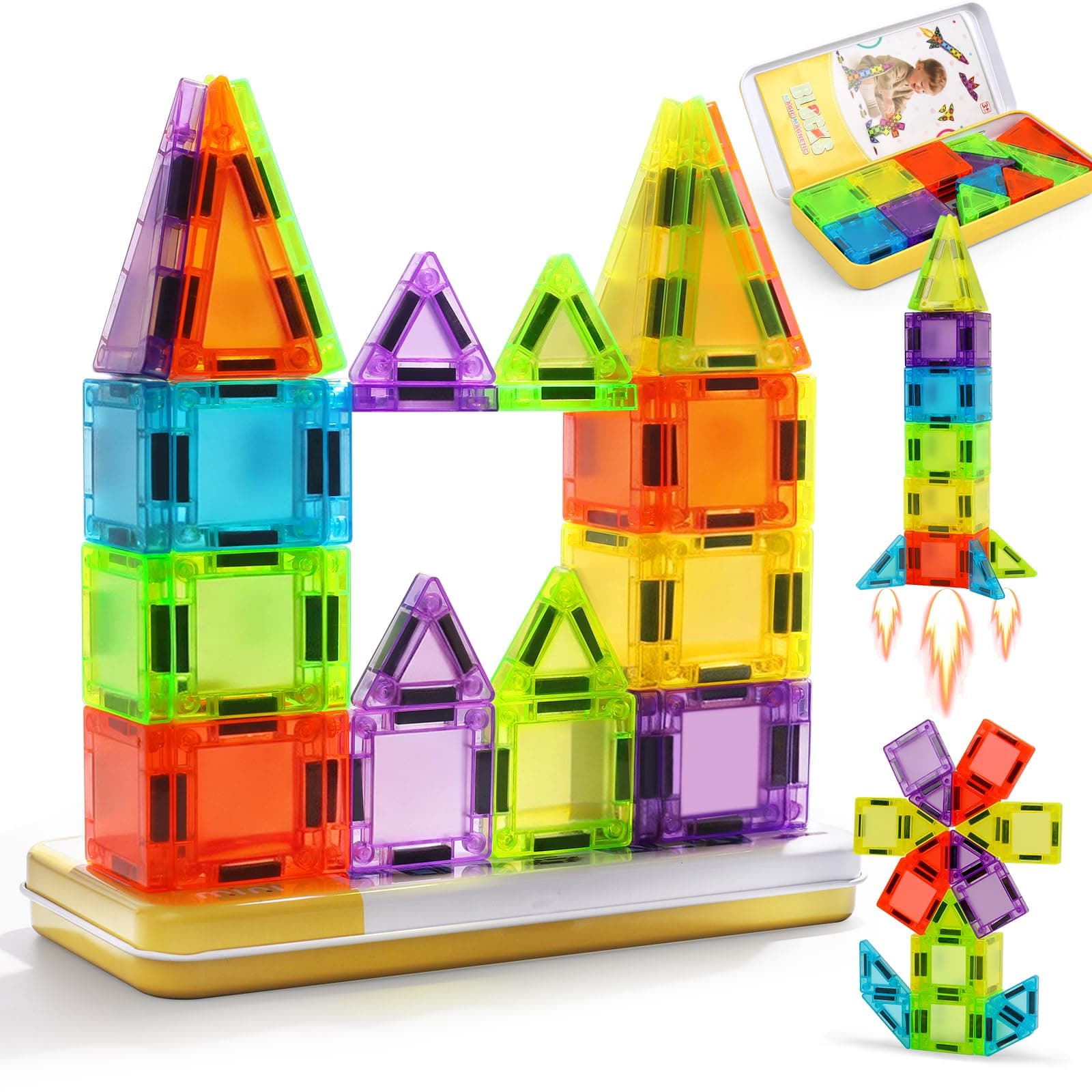Vrythn Mini Magnetic Tiles Travel Set- Travel Toys with Portable Iron Box, Rounded Edges, Colorful Sensory Toys for Ages 3+, Building-Creativity Gifts for Kids, Home Airplane Car Trip, 29 PCS