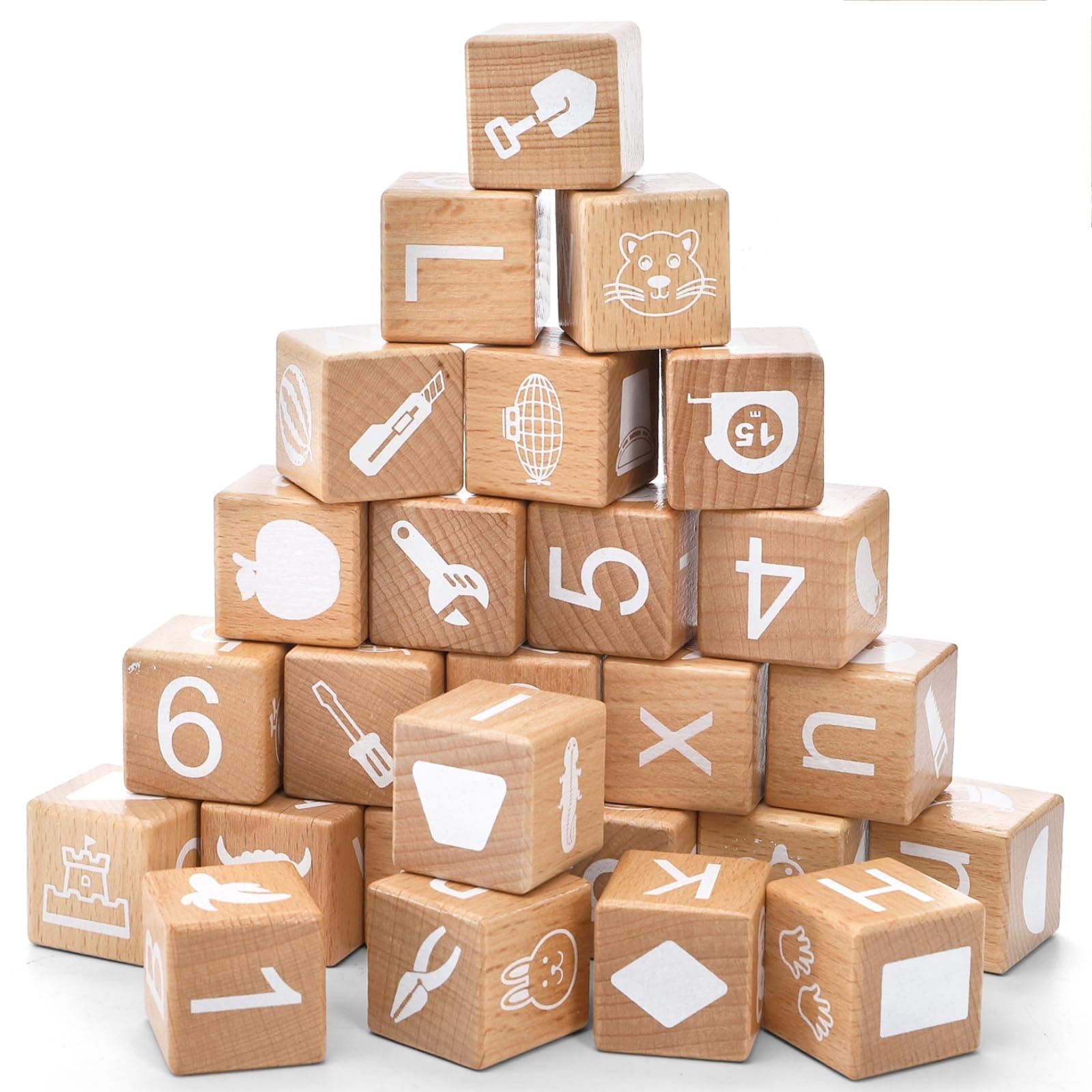 Peohud 26 PCS Wooden Alphabet Blocks, Cute ABC Building Blocks for Kids, Number Stacking Blocks, Preschool Educational Learning Toys with Shapes Objects on Every Side for Boys Girls