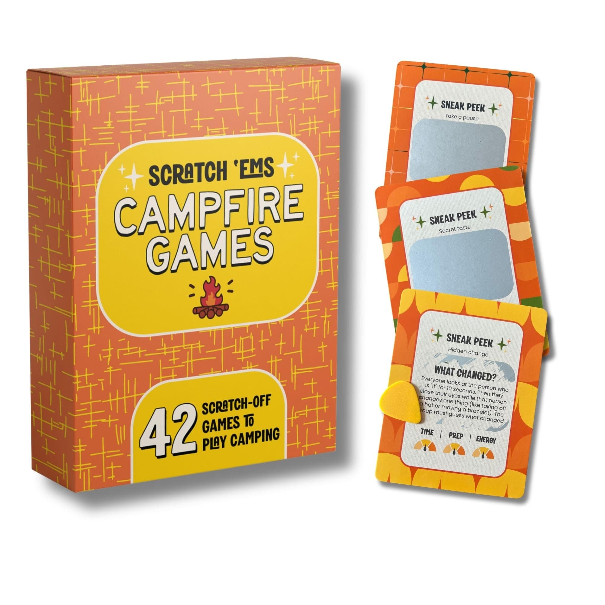 Scratch 'Ems Campfire Games | 42 Scratch Off Cards for Outdoor Summer Fun | Camping Card Games for Kids & Family | Screen-Free Entertainment, Perfect Camping Gifts for Kids & Family