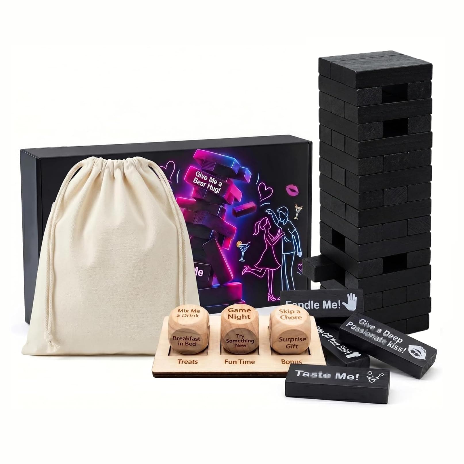 Solrify Adult Couples Wooden Blocks Game - 48 Naughty Pieces with 3 Reward Dice for Romantic Tumbling Tower Fun, Intimacy Building Date Night Activity, Anniversary or Valentine's Day Gift