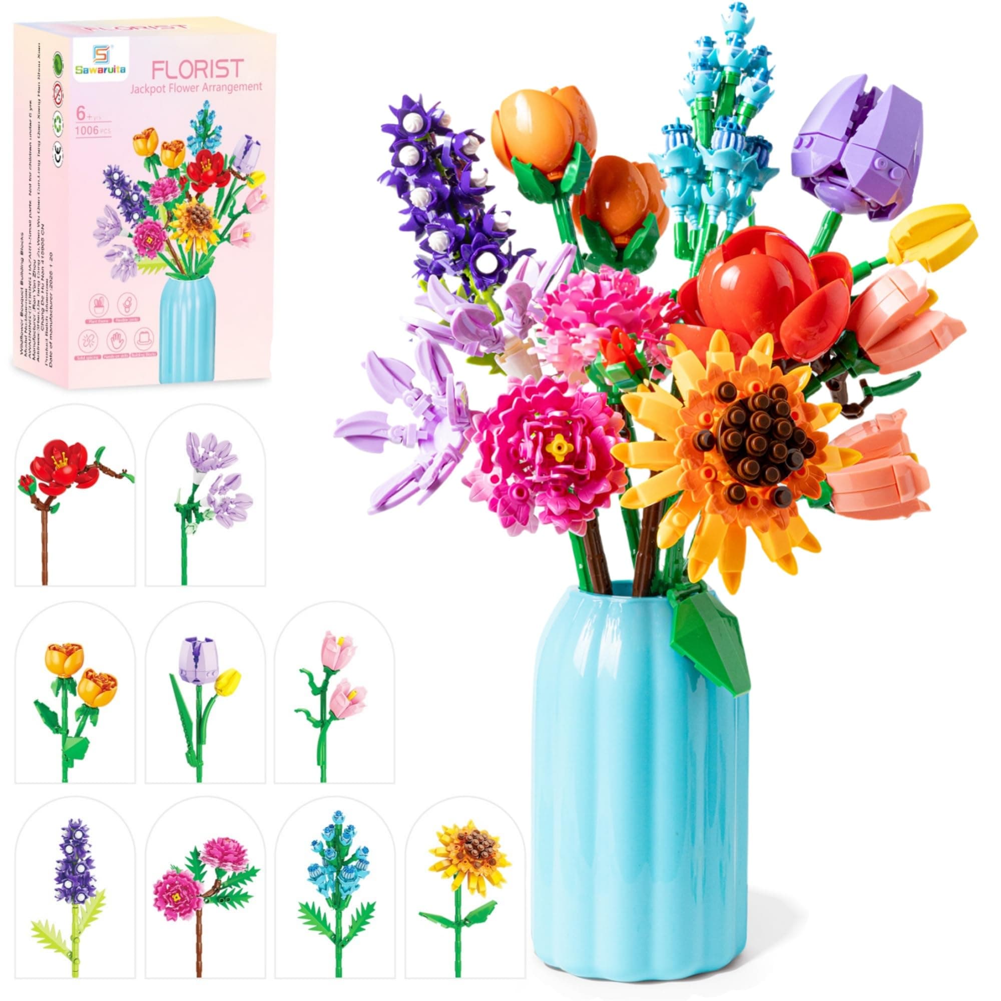 Sawaruita Flowers Bouquet Botanicals Building Blocks Set for Adult Women
