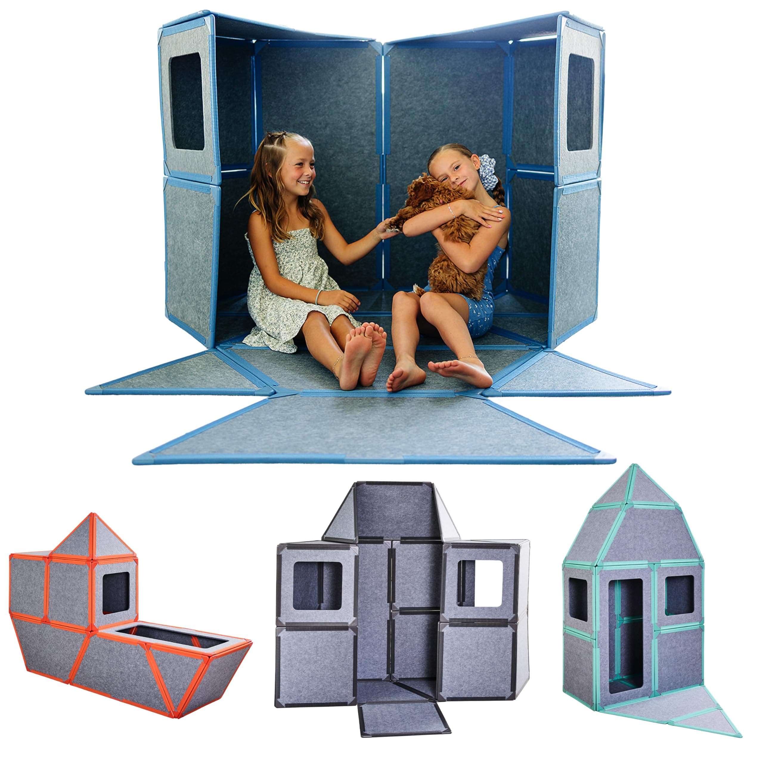 Superspace Giant Magnetic Fort Building Panels - The Big Set, Blue, 24 Panels, Life-Size Magnetic Tiles Kids, Build Forts Castles Rockets, STEM Toy Ages 3-10+, Eco-Felt, Indoor & Outdoor