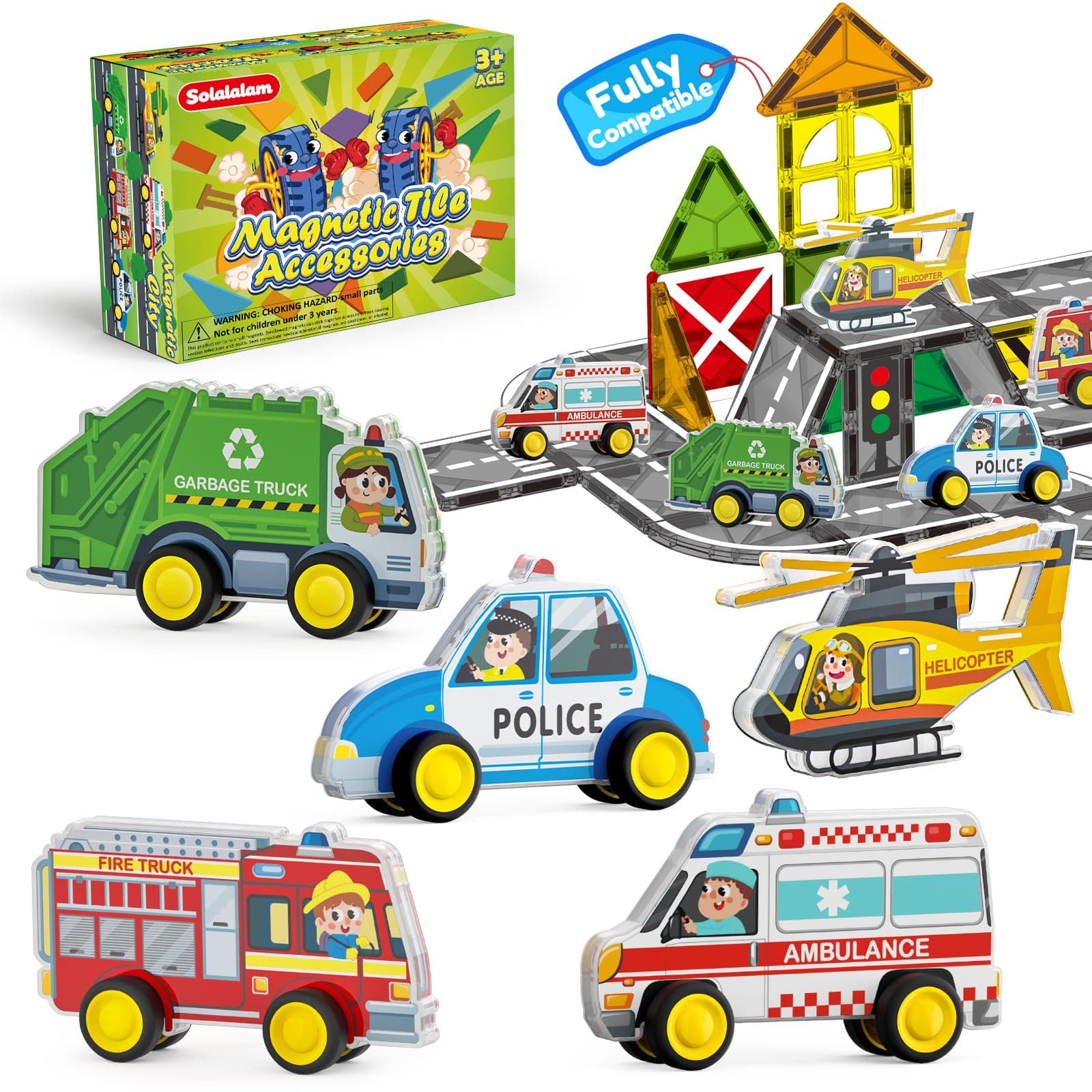 Solalalam Toys City Cars Road Set for Magnetic Tiles, 5pcs Urban Traffic Preschool Educational Learning Toys for Kids Age 3-7, 3D Rescue Car Compatible with Magnet Tiles & Blocks