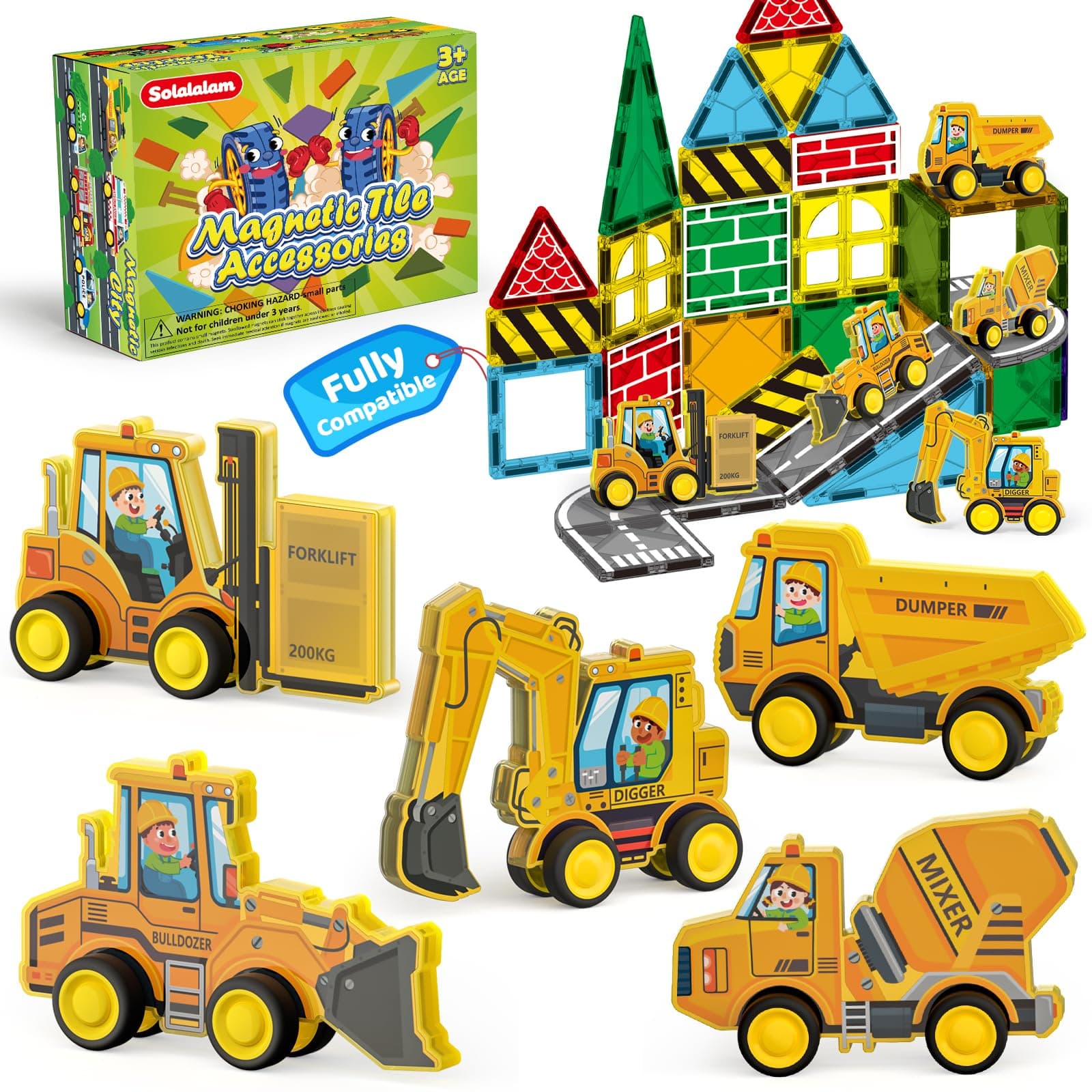 Solalalam 3D Construction Vehicle Toys for Kids Magnetic Tiles & Blocks, 5pcs Preschool STEM Educational Learning Toys Inc Excavator Bulldozer Forklift Dump Truck Digger Compat Magnet Tiles