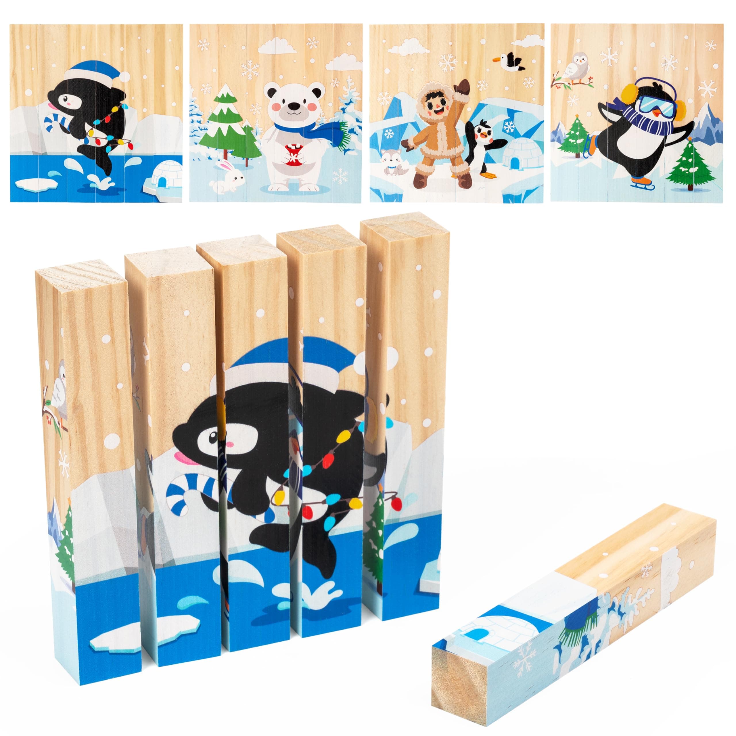 CJiangpo Wooden Winter Chunky Puzzles - 4 in 1 Polar Animals Puzzle Blocks Sensory Toys for Toddlers 2+ Years, Educational and Fun Building Block Stacking Winter Educational Toy Game for Boy Girl