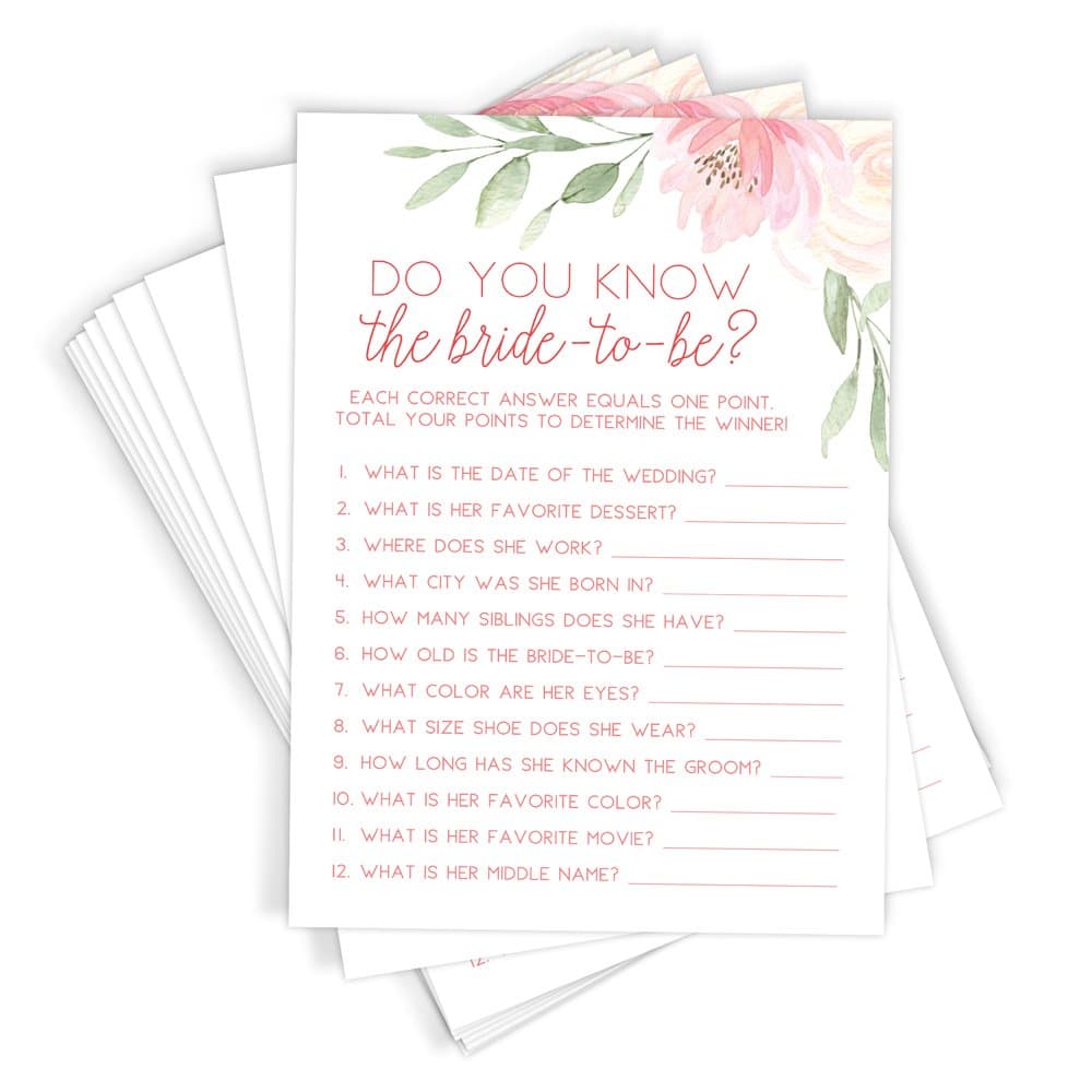Printed Party Bridal Shower Games – Do You Know Game with Fun Bride-to-Be Trivia, Wedding Shower Activity, Pink Floral Design, 50 Guests