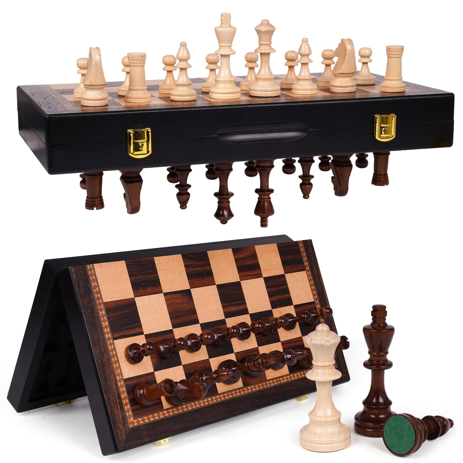 15 Inch Magnetic Chess Set with Wooden Folding Board, Staunton Chess Pieces, 2 Extra Queens Included, Portable Travel Chess Set, Classic Strategy Board Game for Kids & Adults (Ebony)