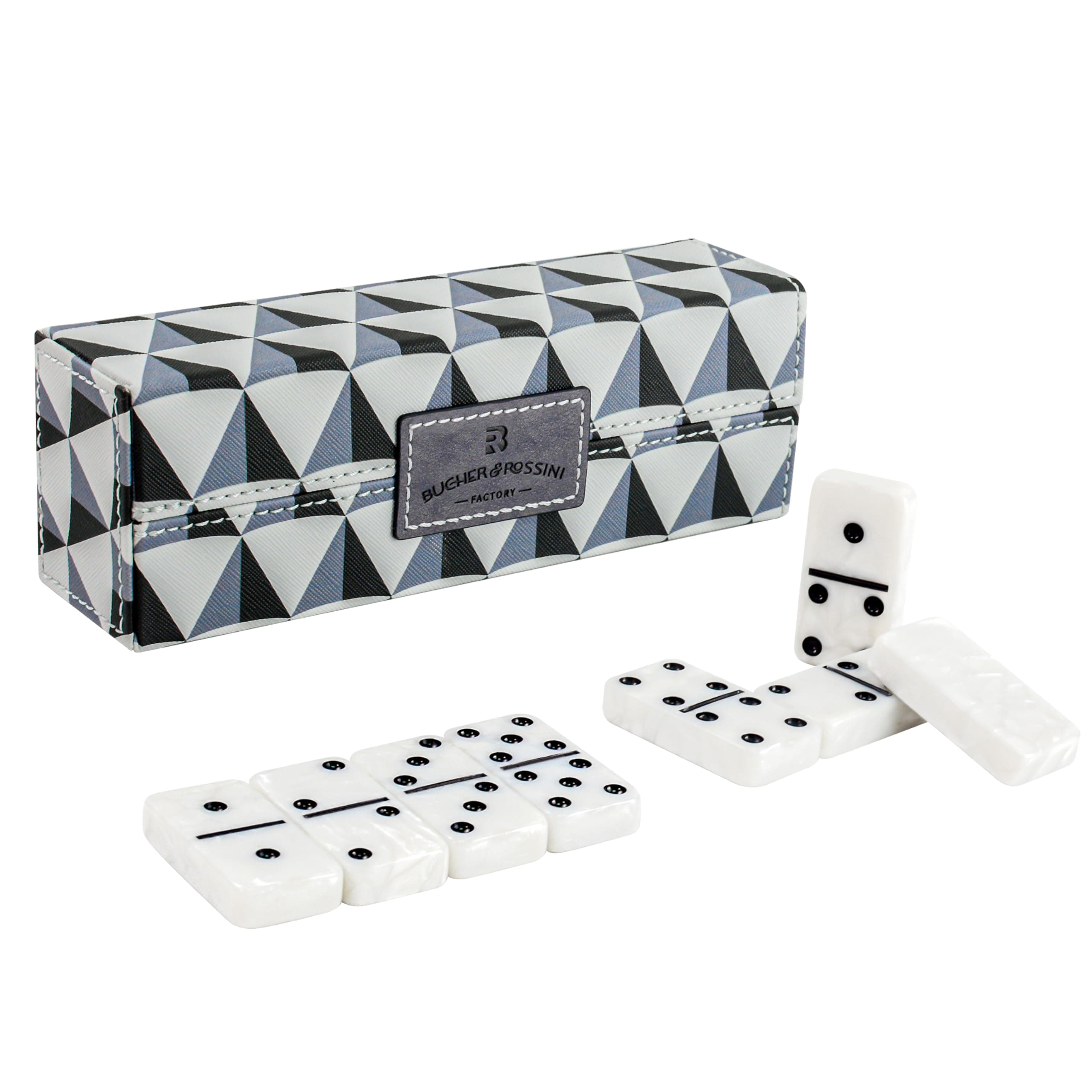 Vovotuzzi Dominos Set for Adults, Double 6 Domino Set, 28 Jumbo Marbleized White Tiles, Dominoes Set for Adults and Kids - Classic Board Games for Family & Travel (in Rhomb Pattern Leather Case)