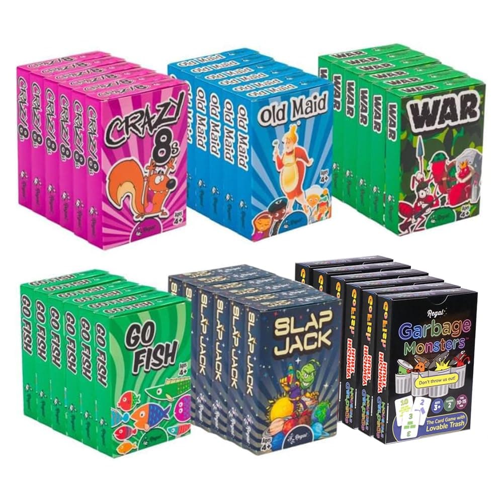 Regal Games Card Games for Kids - Go Fish, Crazy 8's, Old Maid, Slap Jack, Garbage Monsters, War - Simple & Fun Classic Family Table Game Sets (6 x 6)