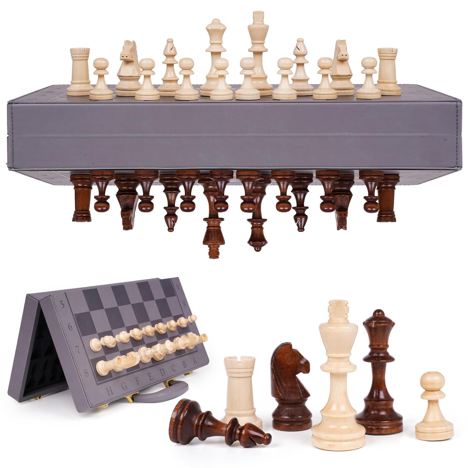 15 Inch Magnetic Chess Set with Leather Chess Board & Handle – Portable Travel Chess Game with Wooden Pieces, Strong Magnetic Board, Includes 2 Extra Queens, Classic Gift for Adults & Kids (Grey)