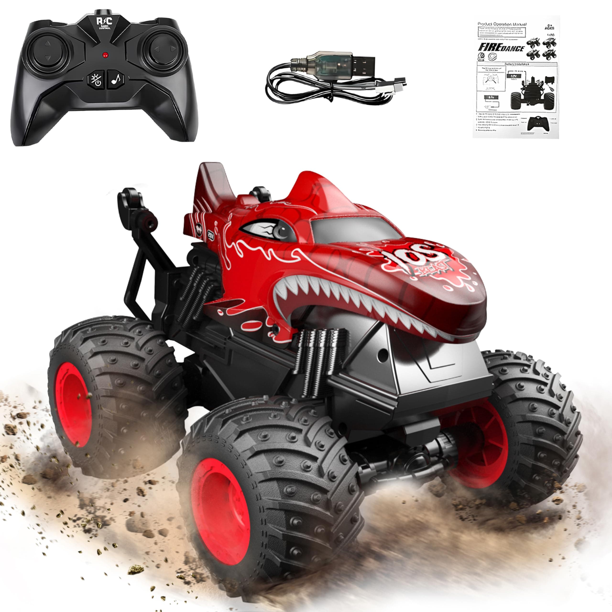 BEZGAR Monster Truck Toys - Remote Control Monster Truck with Light & Music, Dinosaur Toys for Kids, 1:20 Scale RC Truck with 360° Spins and Drifting, Remote Control Car for Boys (Red)