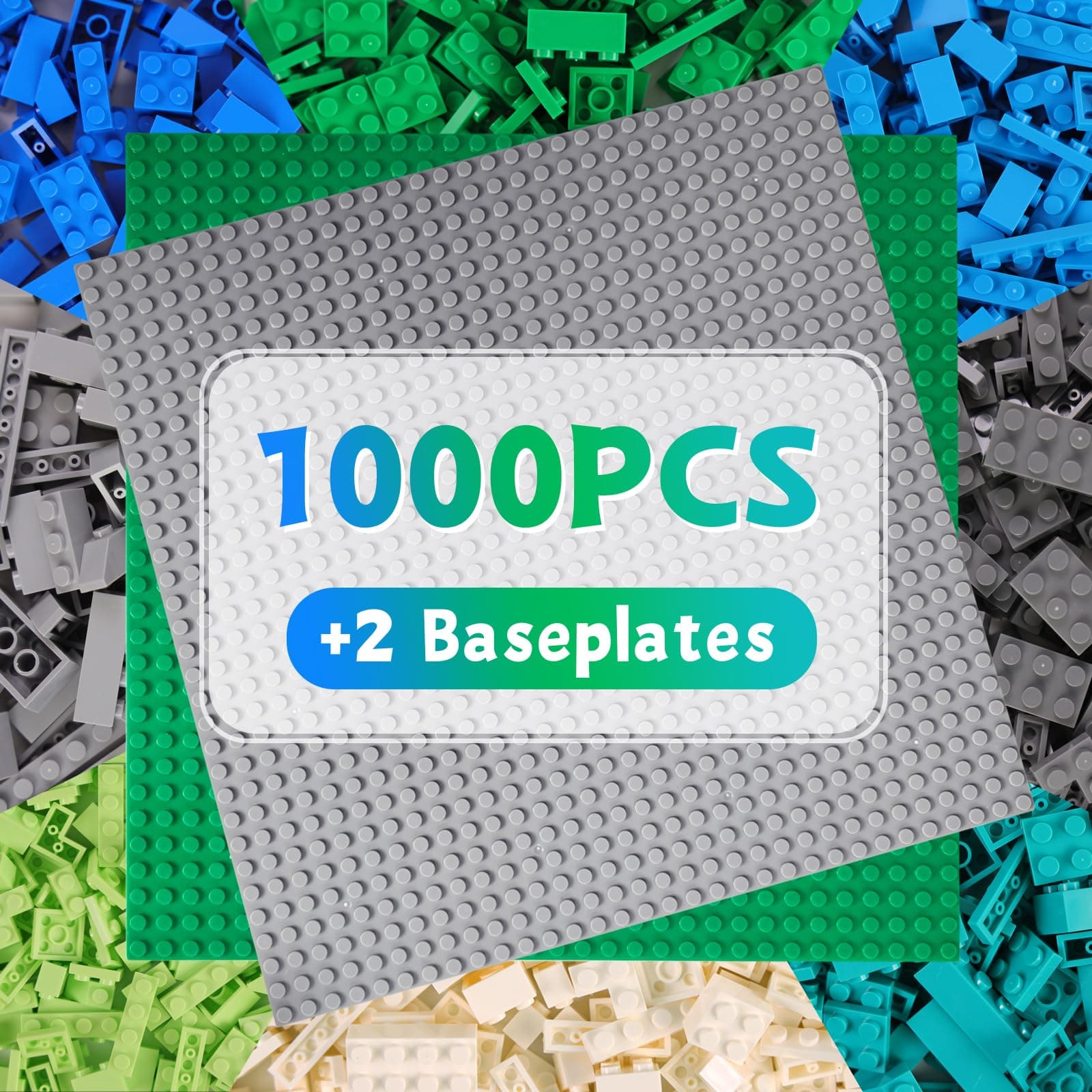 1000 PCS Classic Building Bricks with 2 Baseplates (32x32) - Standard Size Basic Bulk Blocks Set Compatible with Major Brands, 8 Natural Colors for Forest & Ocean, Creative STEM Toys for Kids Ages 6+