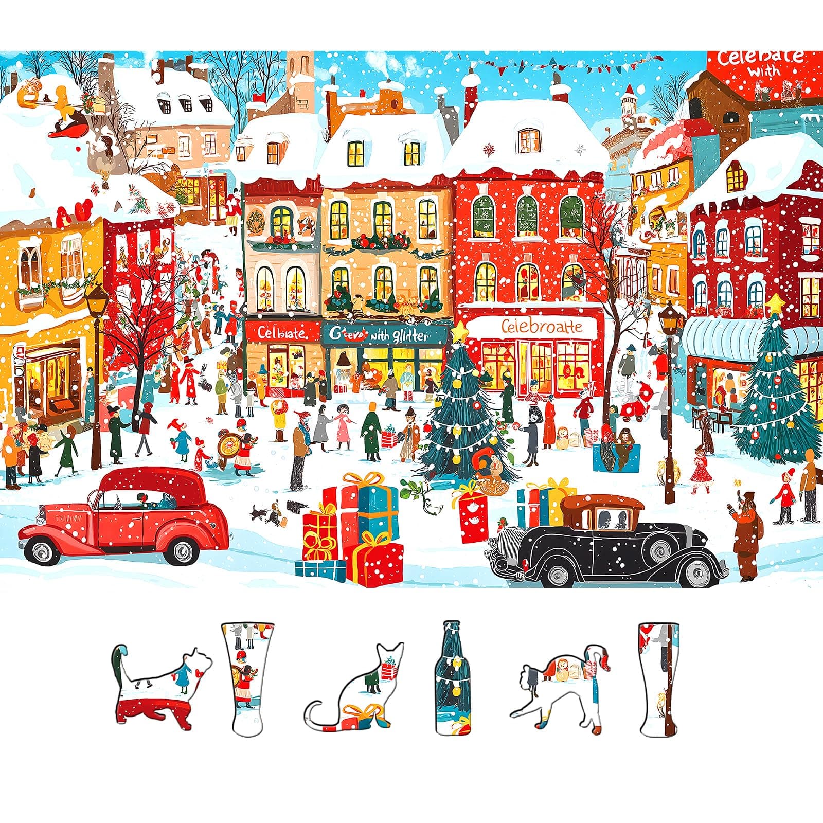 Vintage Christmas Town Jigsaw Puzzles for Adults 500 Pieces Winter Holiday Scene with Classic Cars, Festive Shoppers, Decorated Tree & Snowy Streets - Family Challenge Puzzle (23"x15"