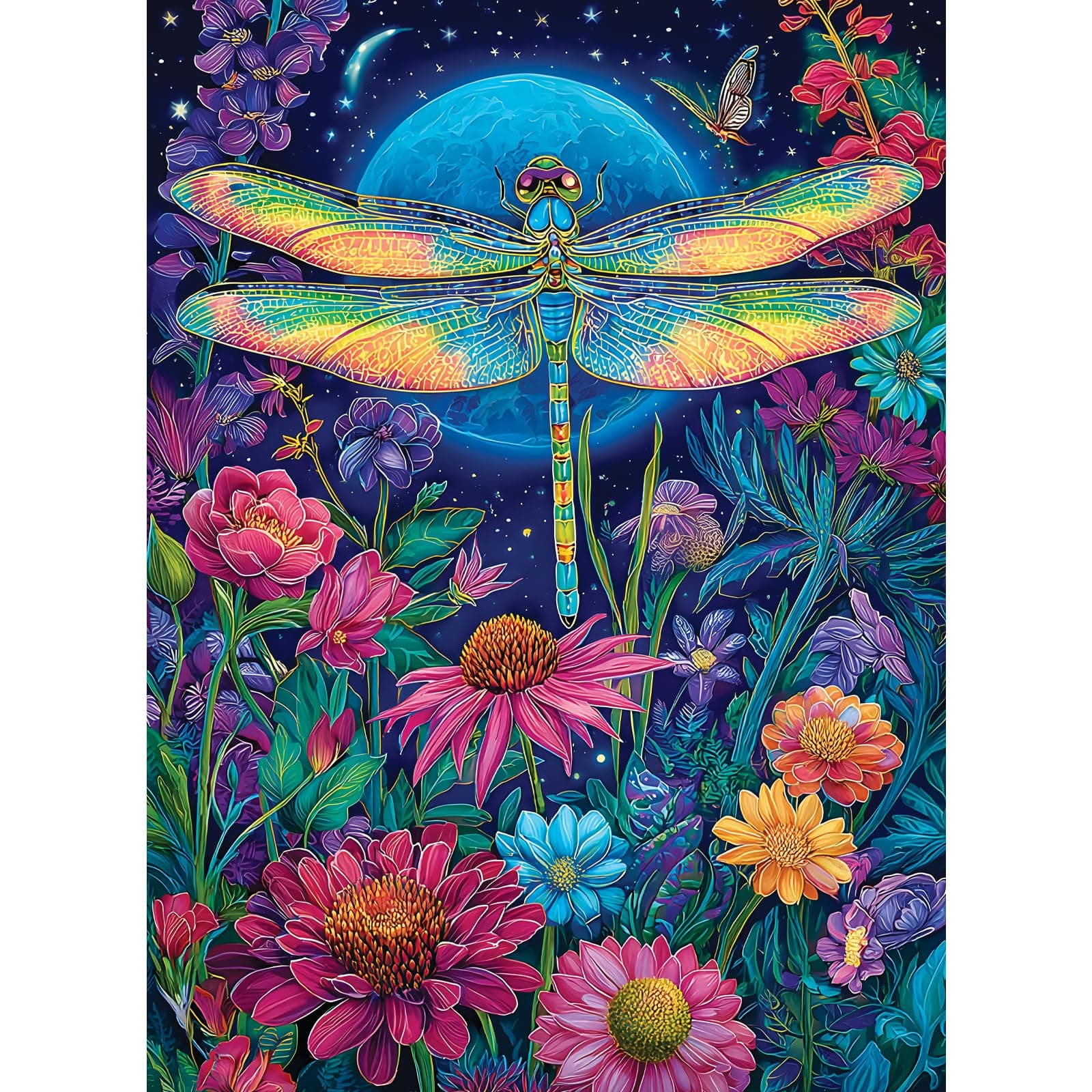 Moonlit Dragonfly in Flower Garden 500 Piece Jigsaw Puzzle, Relaxing Game